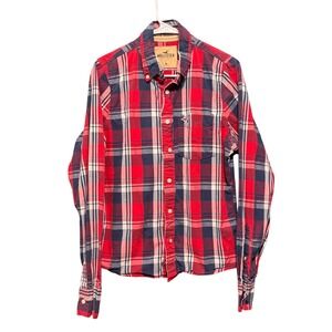 Hollister Mens Plaid Button Down Shirt Red Navy Blue White Long Sleeve Size M